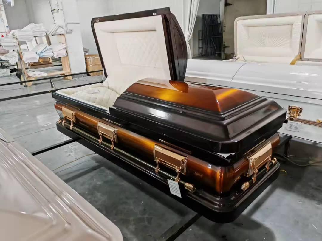 Open dark wood casket